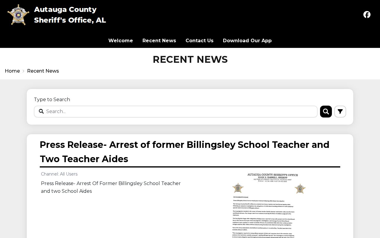Autauga County Sheriff official recent-news feed used to distinguish agency news from an arrest log