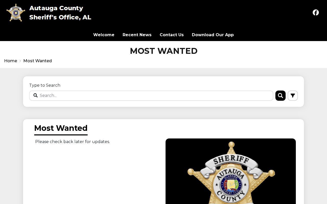 Autauga County Sheriff official most wanted interface for warrant checks