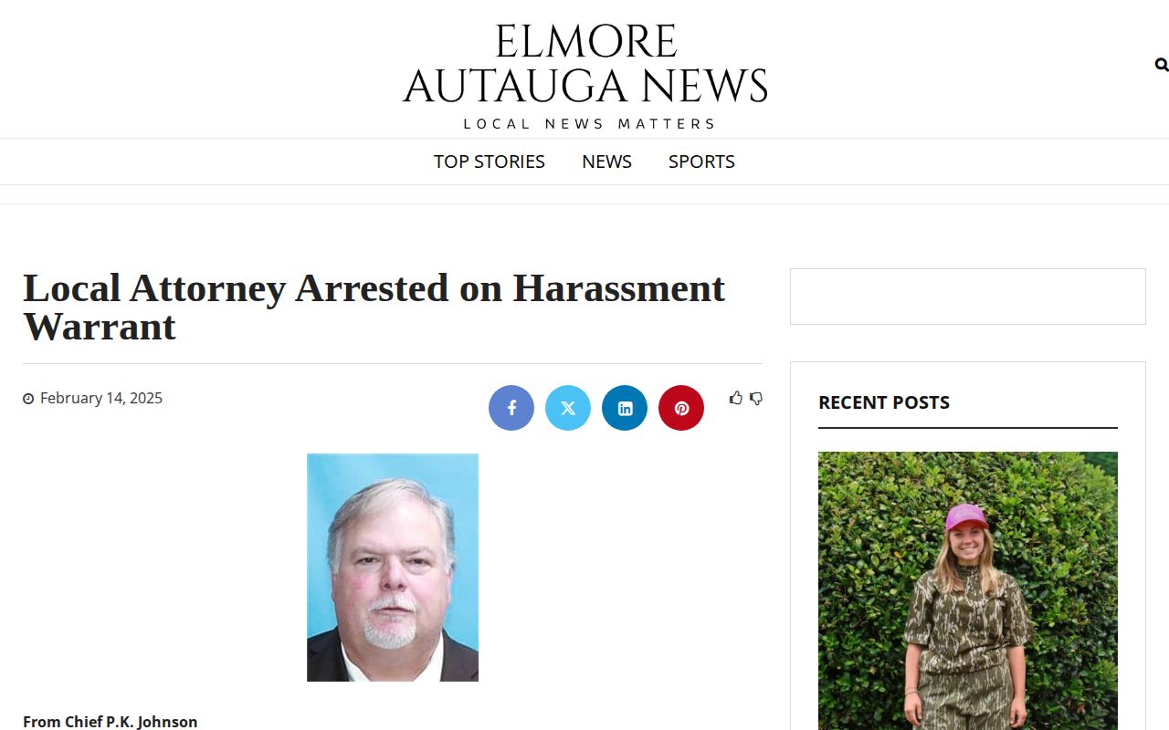 Elmore-Autauga News example showing a driver-license-photo attribution in arrest coverage
