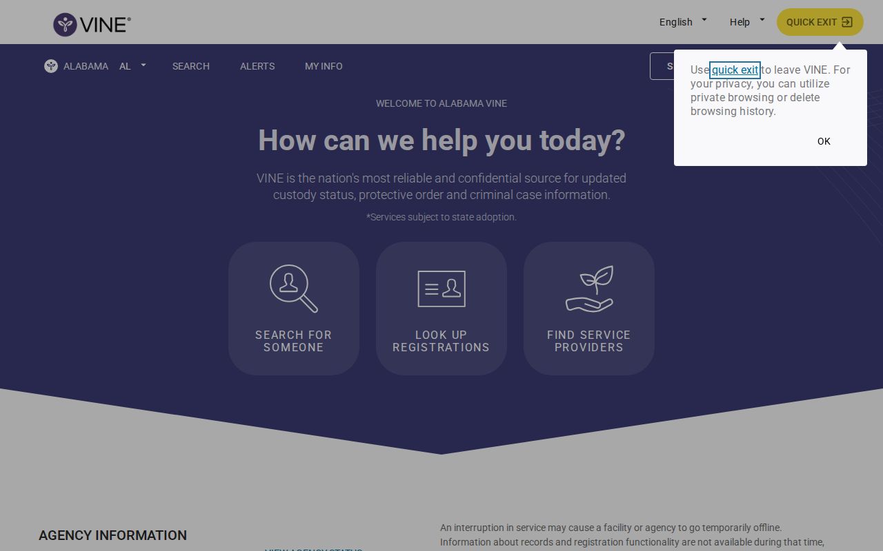 Autauga County VINELink inmate check Alabama state search screen
